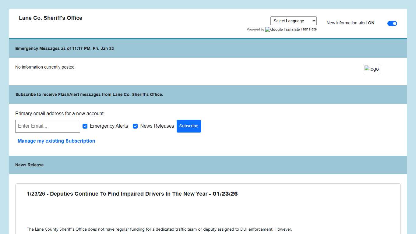 Lane Co. Sheriff's Office News via Flashalert.net